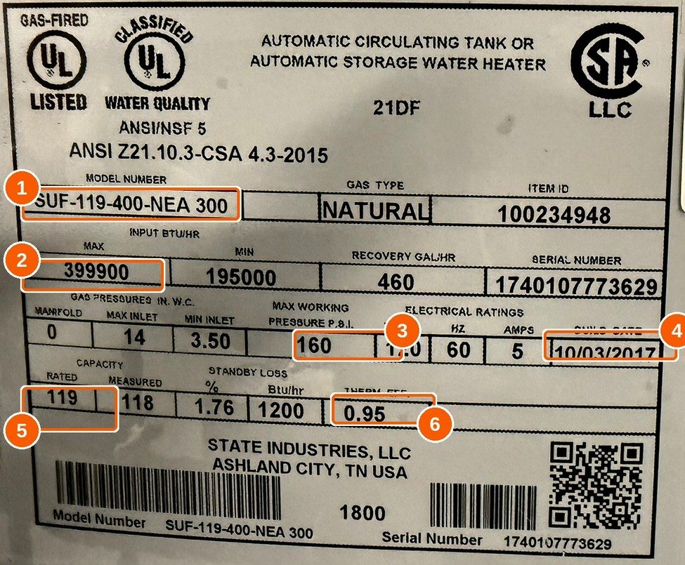 Water heater nameplate: 399,900 BTUH input, 119 gallons, 0.95 thermal efficiency